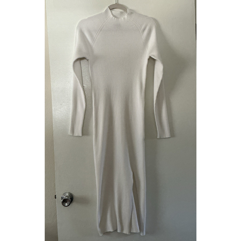 Quince Womens Long Sleeve Ribbed Knit Midi M Sweater Dress White Soft High Neck